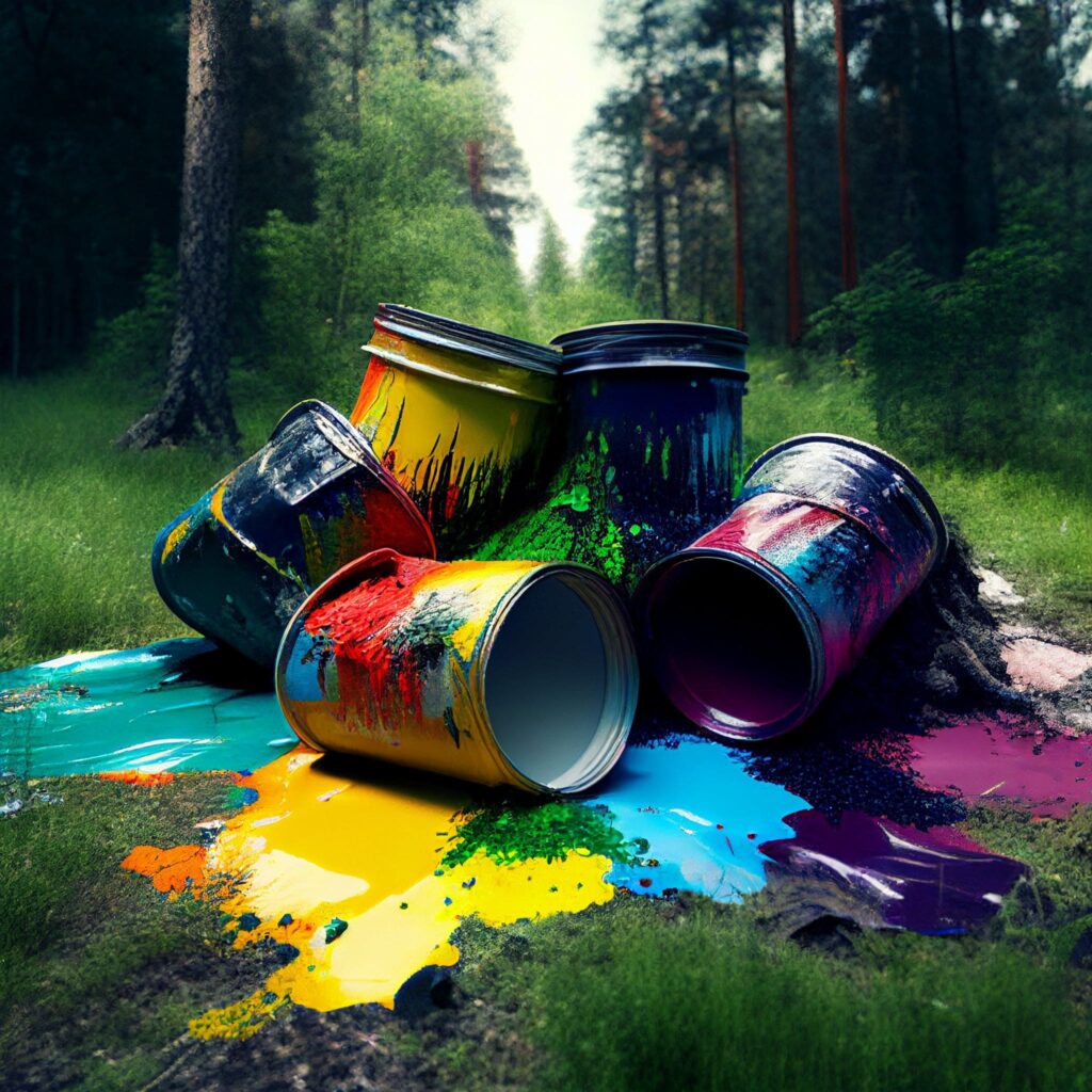 Spilled paint cans in a pristine forest