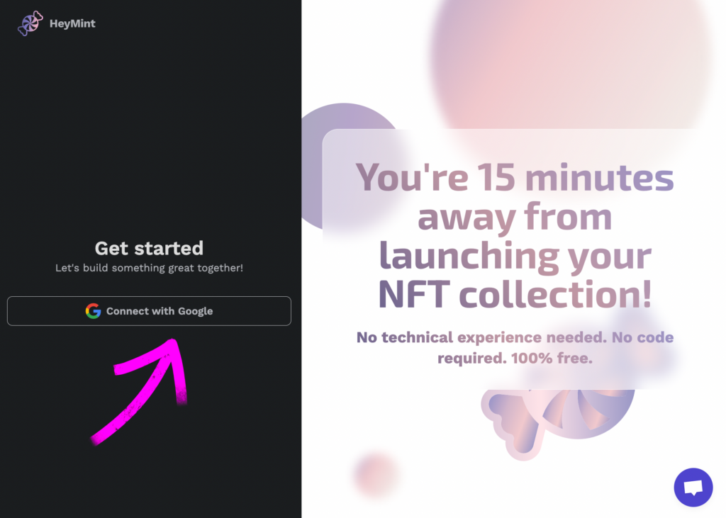 Web page showing how to make an account with Launchpad, the no code nft generator