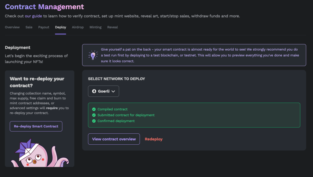 How to Make an NFT for Free: The deploy page on Launchpad's contract management dashboard