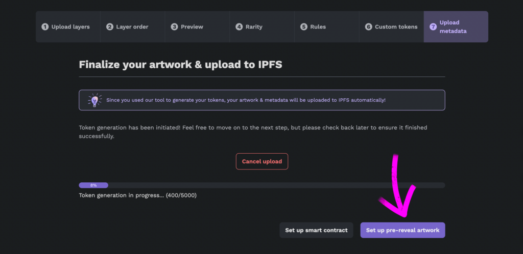 Walkthrough showing where to set up pre-reveal artwork for your generated NFT collection