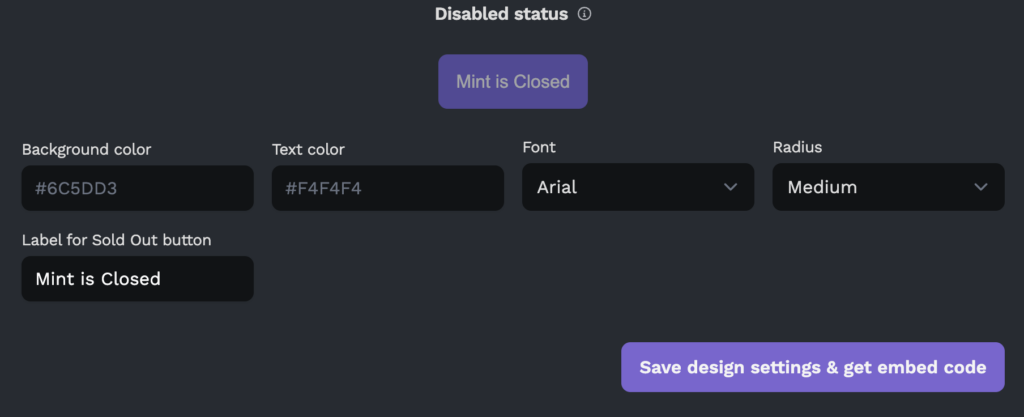 Disabled status mint button embed design.