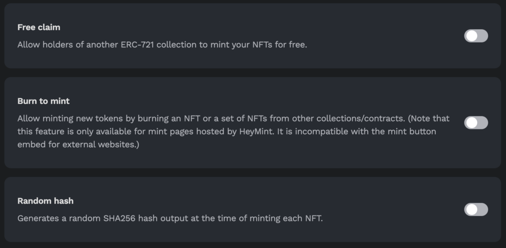 Advanced features: free claim, burn to mint, random hash.